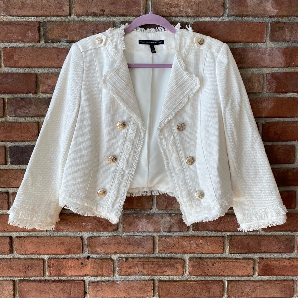 WHBM Tweed Open Front Military Jacket with Fringe Detail White and Gold Size 10